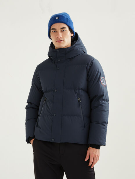 Mid-length hooded down quilted Gore-Tex® Infinium Windstopper jacket