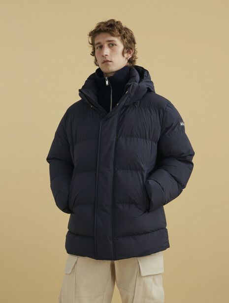 Mid-lenght hooded padded Dupont Sorona® quilted waterproof jacket