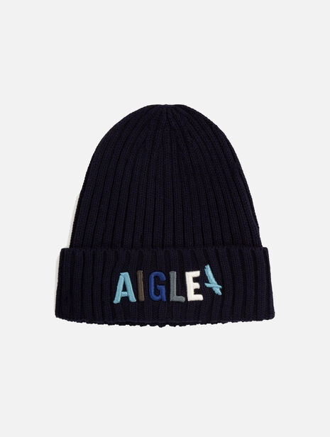 Knitted beanie with tricolor logo embroidery